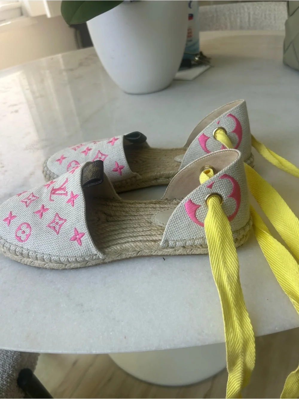 Louis Vuitton Pink Canvas Monogram Espadrille with Yellow Ribbon Ties